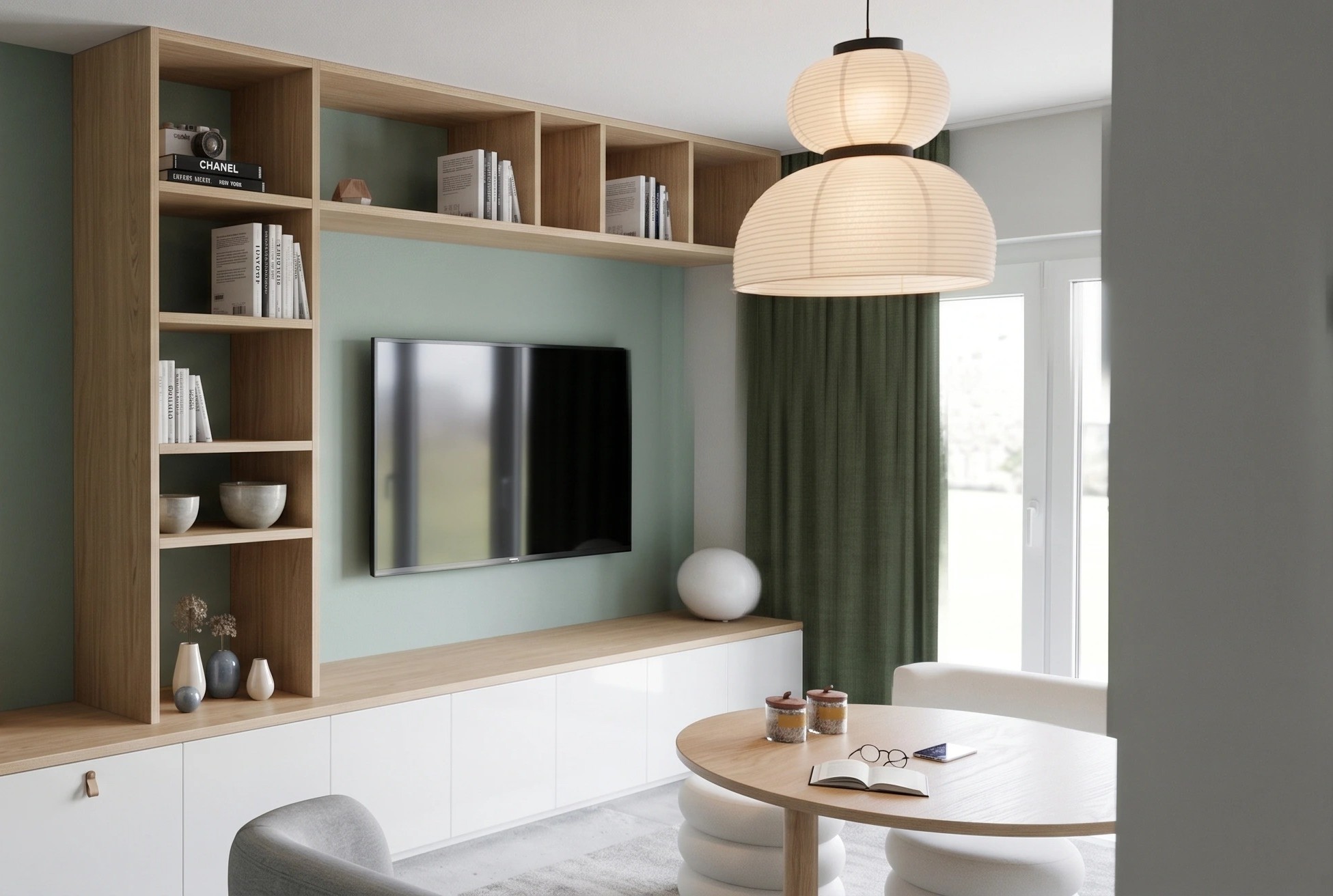 rendu-3d-salon-mur-tele-ambiance-scandinave Rendu 3D d'un salon contemporain vert sauge avec meuble TV sur mesure en bois clair et suspension design, forfait Signature décoration