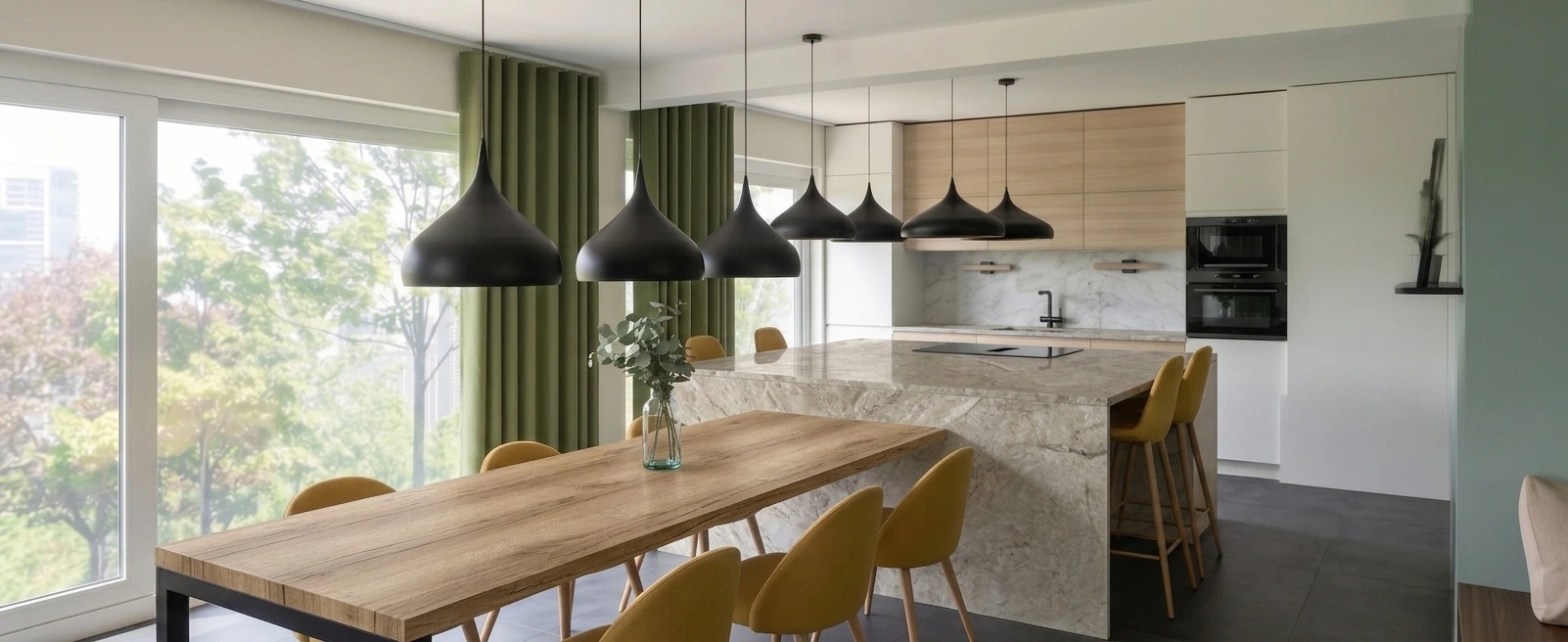 Visualisation 3D d'une cuisine contemporaine avec îlot central en marbre, suspensions noires design et chaises jaune moutarde, forfait Signature décoratrice