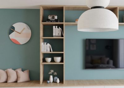 Rendu 3D d'un salon contemporain vert sauge avec meuble TV sur mesure en bois clair et suspension design, forfait Signature décoratio