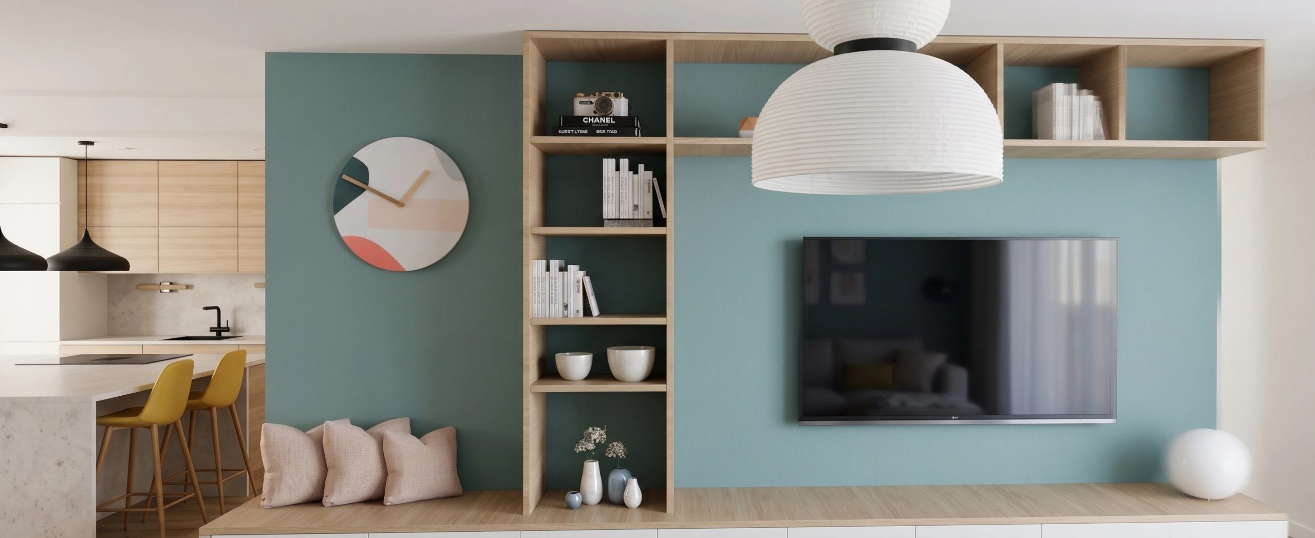 Rendu 3D d'un salon contemporain vert sauge avec meuble TV sur mesure en bois clair et suspension design, forfait Signature décoratio