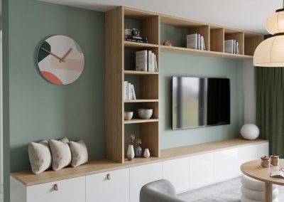 Rendu 3D d'un salon contemporain vert sauge avec meuble TV sur mesure en bois clair et suspension design, forfait Signature décoration