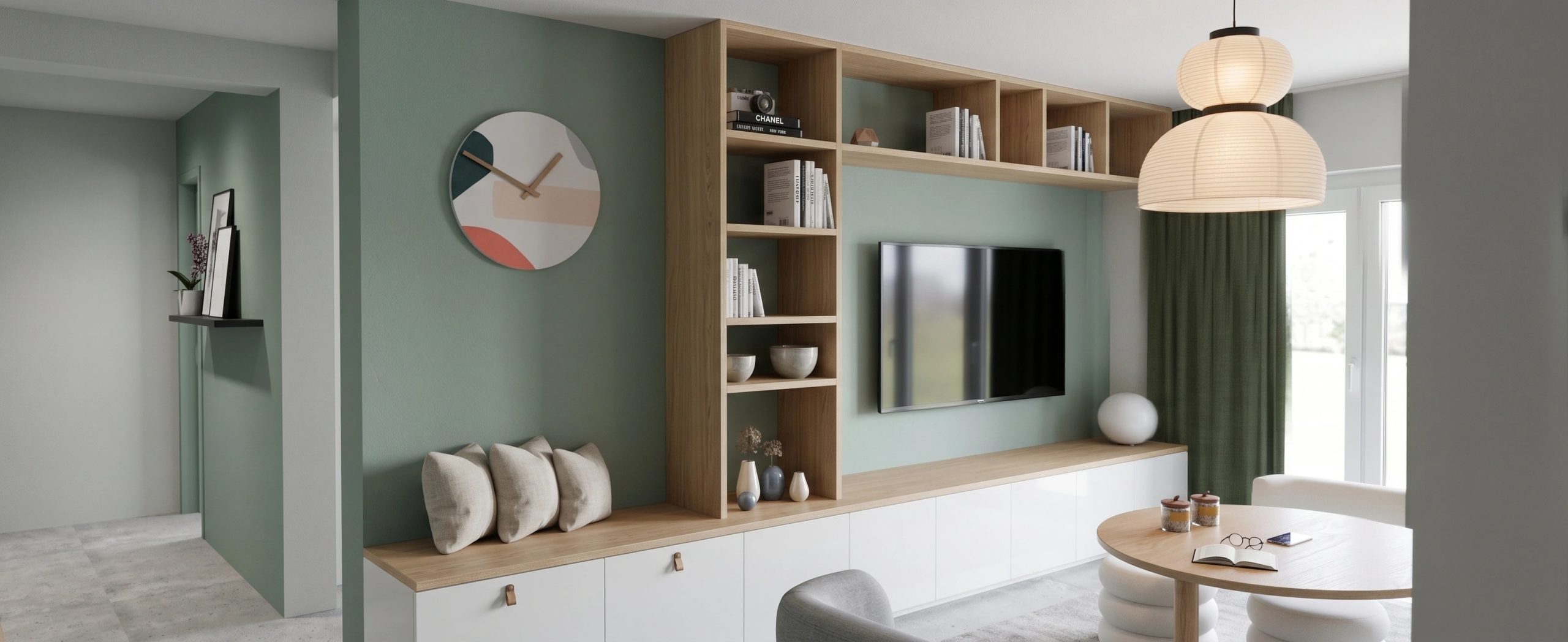Rendu 3D d'un salon contemporain vert sauge avec meuble TV sur mesure en bois clair et suspension design, forfait Signature décoration